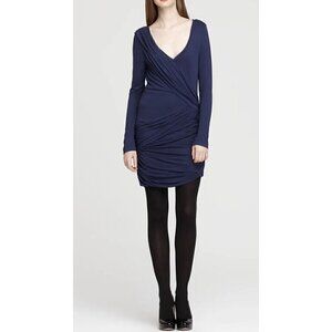 BCBG Maxzaria HAJ6O150 Terry V-neck Shirring Dress Size Large Pacific Blue
